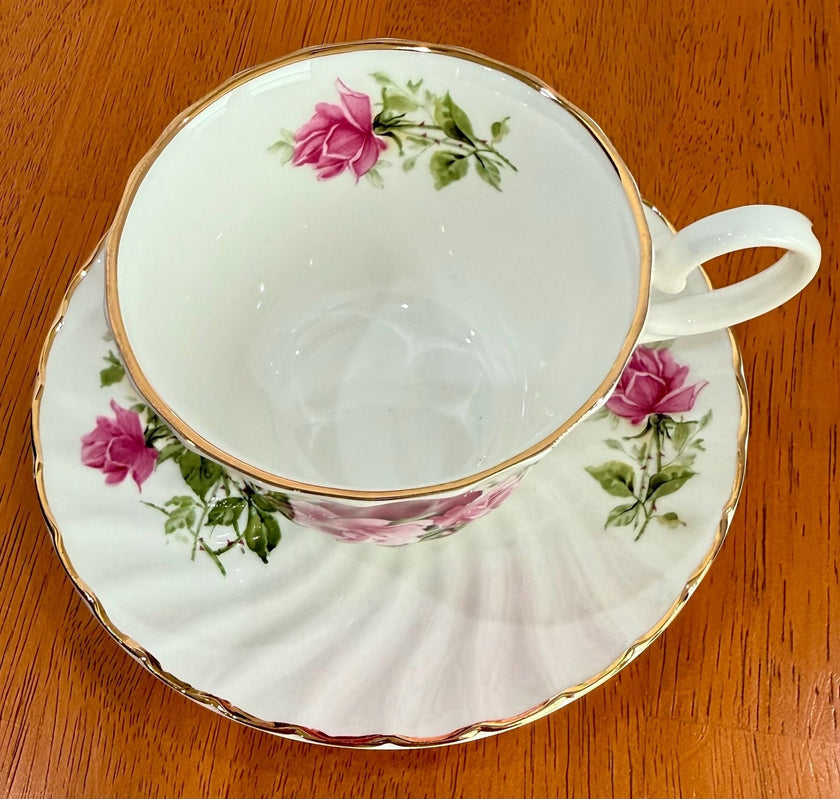 Vintage Argyle Bone China Teacup Saucer Pink and Red Rose Floral Pattern