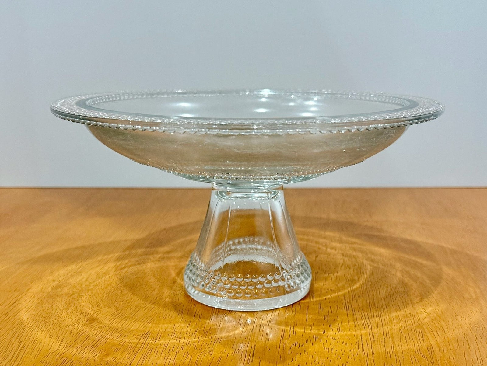 Vintage Clear Glass Pedestal Bowl Cake Stand with Beaded Hobnail Rim