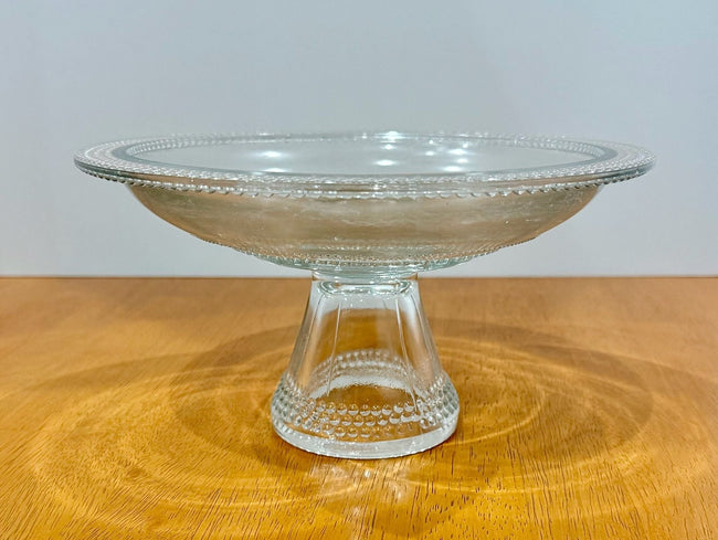Vintage Clear Glass Pedestal Bowl Cake Stand with Beaded Hobnail Rim