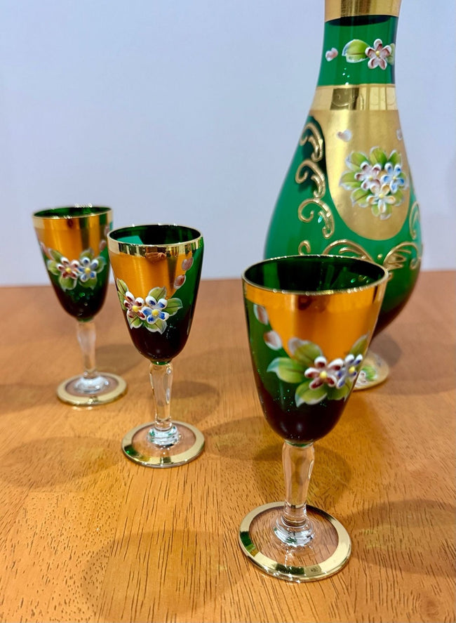 Vintage Bohemian Emerald Green Glass Decanter & Cordial Set Hand-Painted