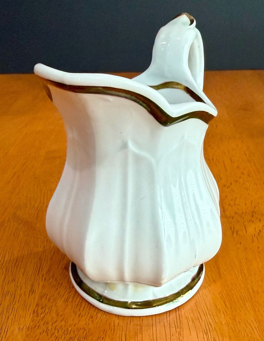 Vintage White Porcelain Creamer Pitcher Gold Gilt Trim Fluted Ribbed Design