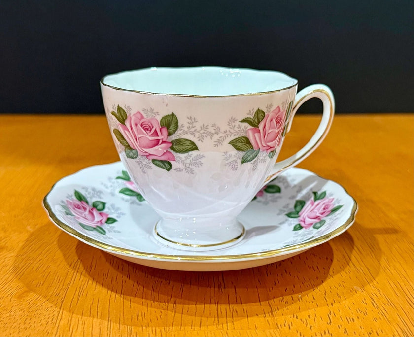 Vintage Colclough English Bone China Teacup & Saucer Pink Rose Floral Gold Trim