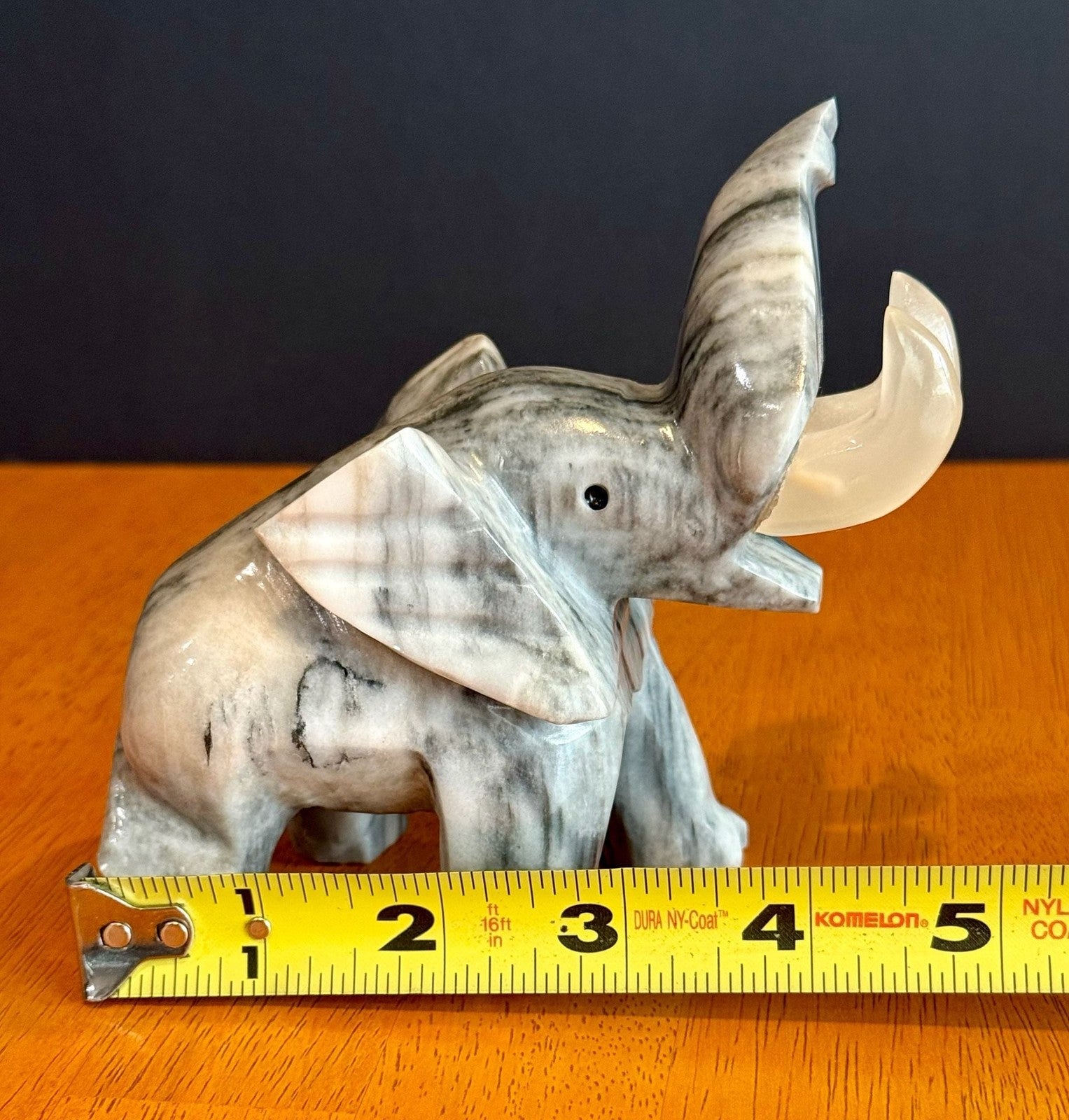Vintage Hand-Carved Grey Marbled Onyx Elephant Figurine Good Luck Trunk Up