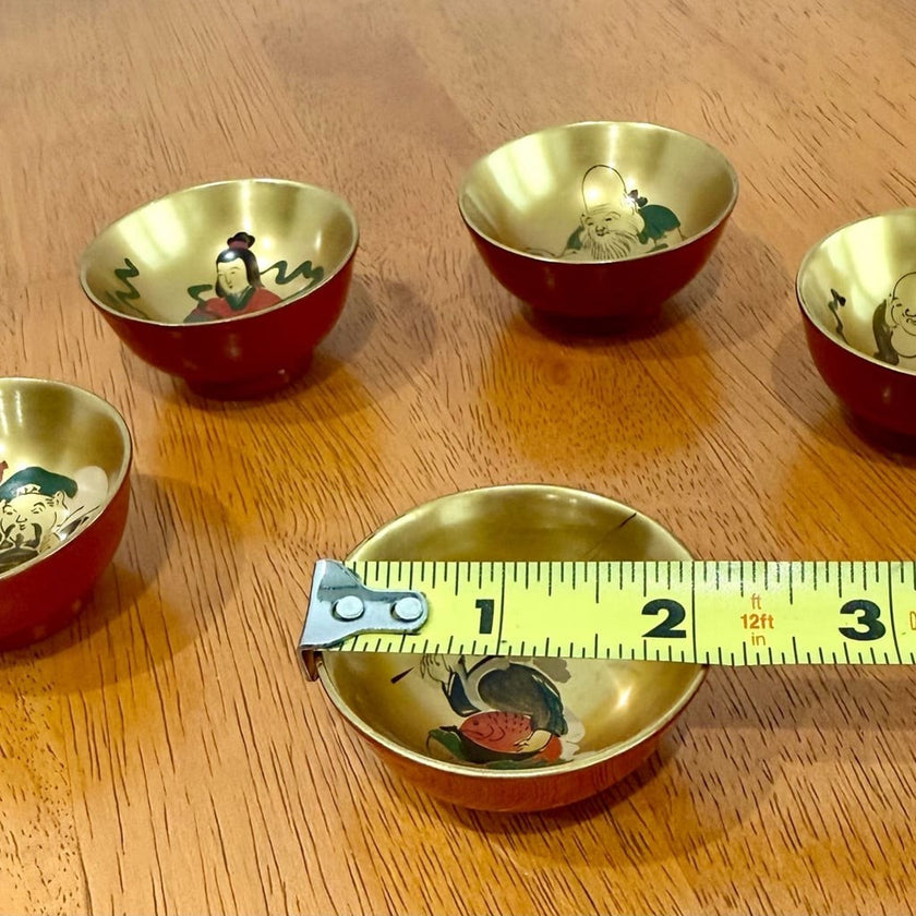 Vintage Japanese Seven Lucky Gods Lacquerware Sake Cup Set of 5