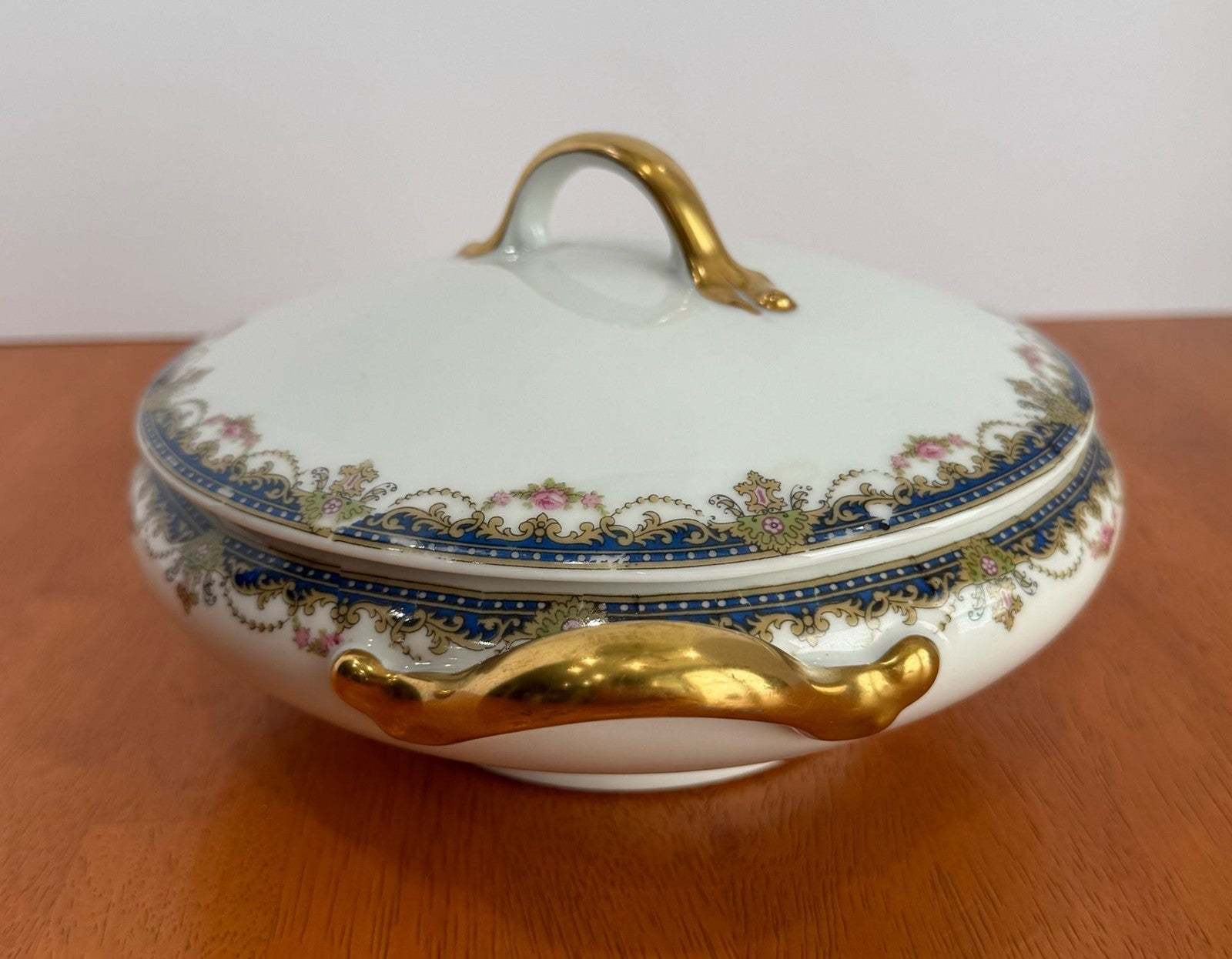 Vintage Limoges France Porcelain Covered Vegetable Serving Dish with Gold Trim