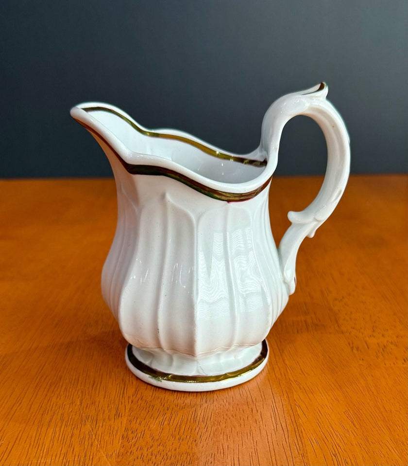 Vintage White Porcelain Creamer Pitcher Gold Gilt Trim Fluted Ribbed Design
