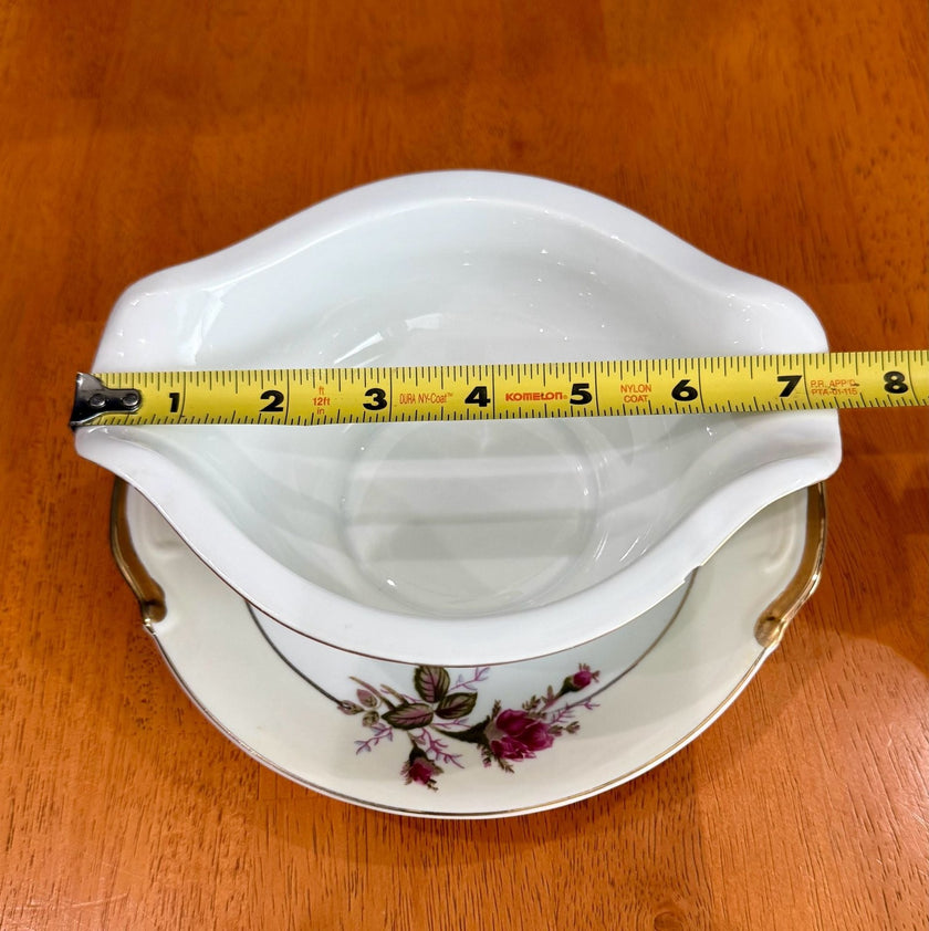 Vintage Made in Japan Moss Rose Gravy Boat with Attached Underplate Red White