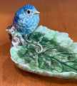 Vintage Freeman-Leidy Laguna Beach CA Majolica Green Leaf Trinket Dish Blue Bird