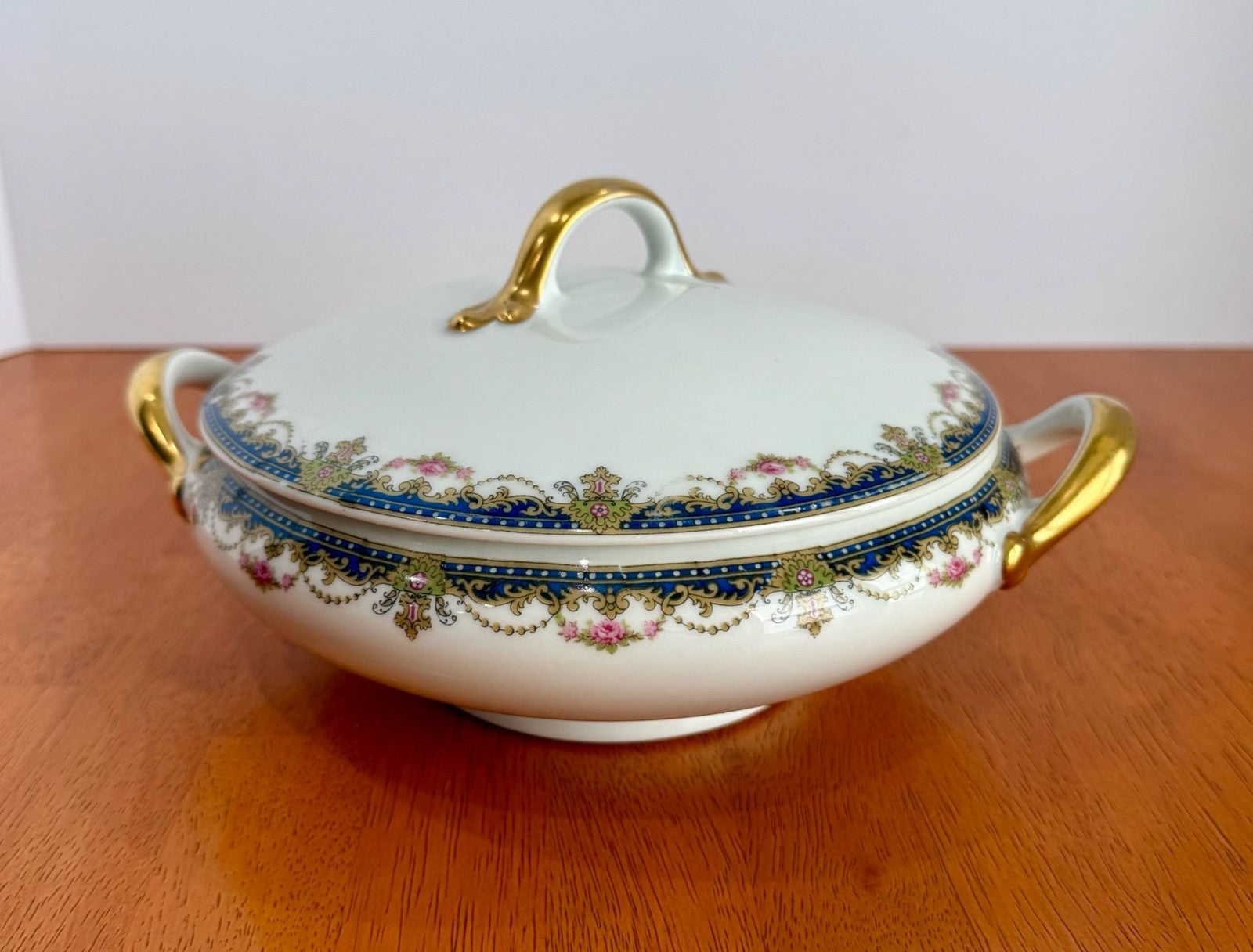 Vintage Limoges France Porcelain Covered Vegetable Serving Dish with Gold Trim