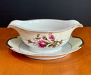 Vintage Made in Japan Moss Rose Gravy Boat with Attached Underplate Red White