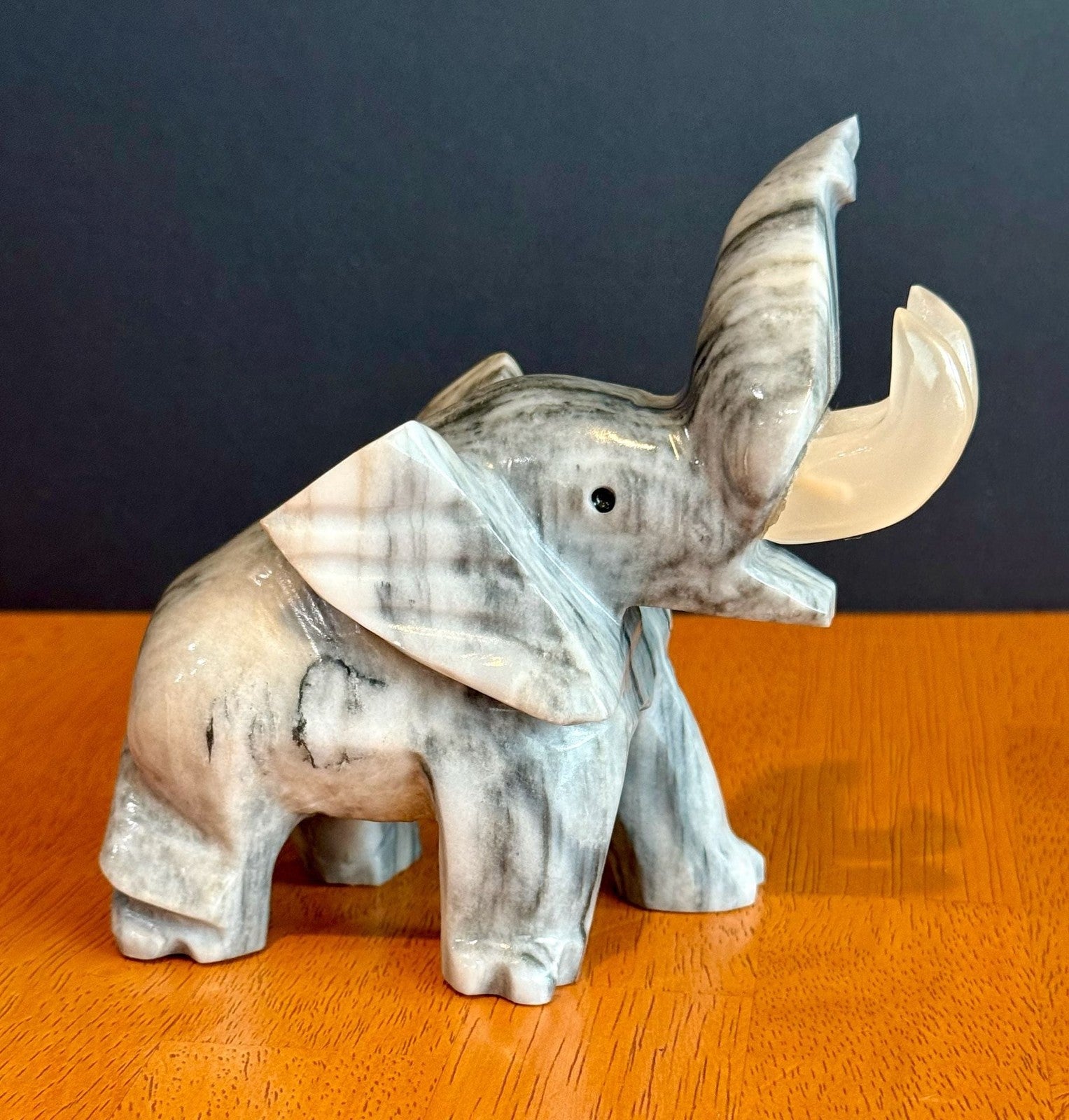 Vintage Hand-Carved Grey Marbled Onyx Elephant Figurine Good Luck Trunk Up