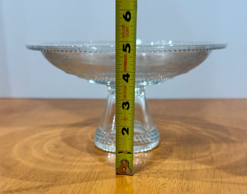 Vintage Clear Glass Pedestal Bowl Cake Stand with Beaded Hobnail Rim