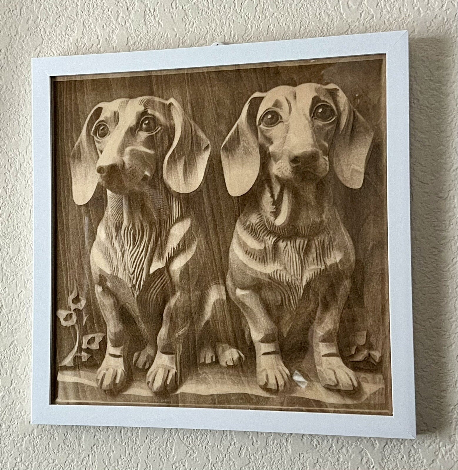 11  X 11 Engraved Art Panel Dachshund Brothers Framed Basswood Engraving