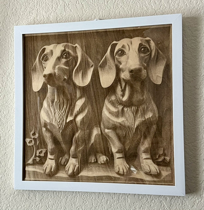 11  X 11 Engraved Art Panel Dachshund Brothers Framed Basswood Engraving