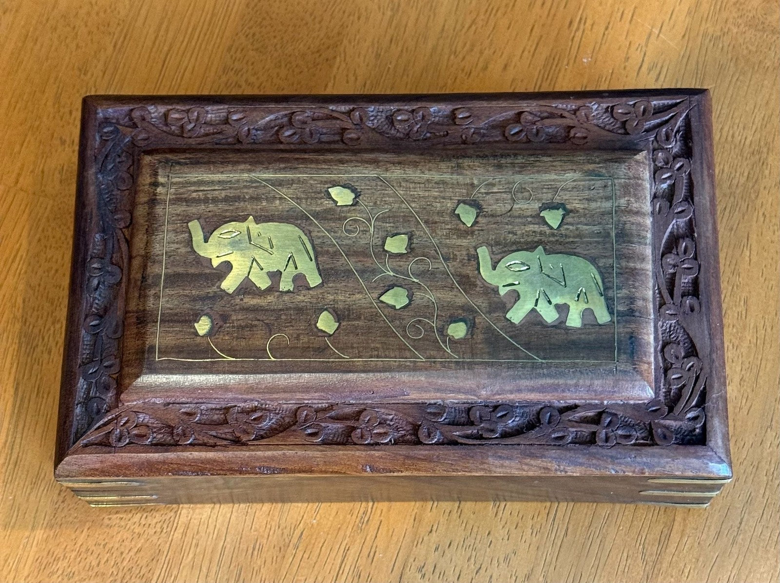 Vintage Hand Carved Wooden Jewelry Box with Brass Elephant Inlay 8x5