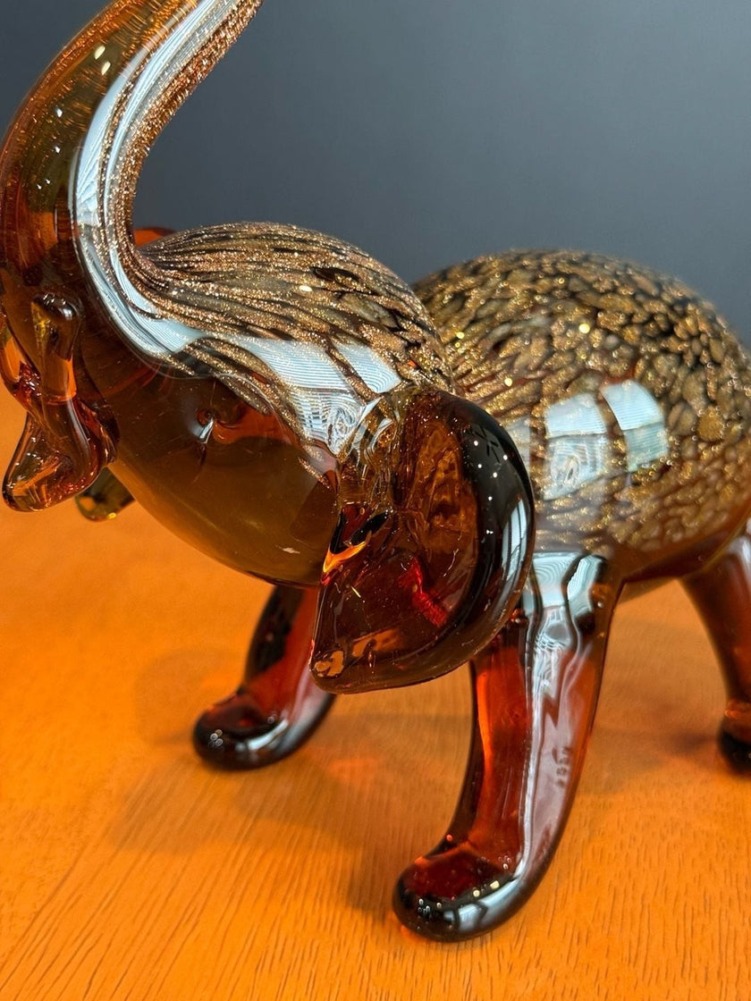 Dynasty Gallery Amber Art Glass Elephant Figurine with Gold Aventurine Flecks