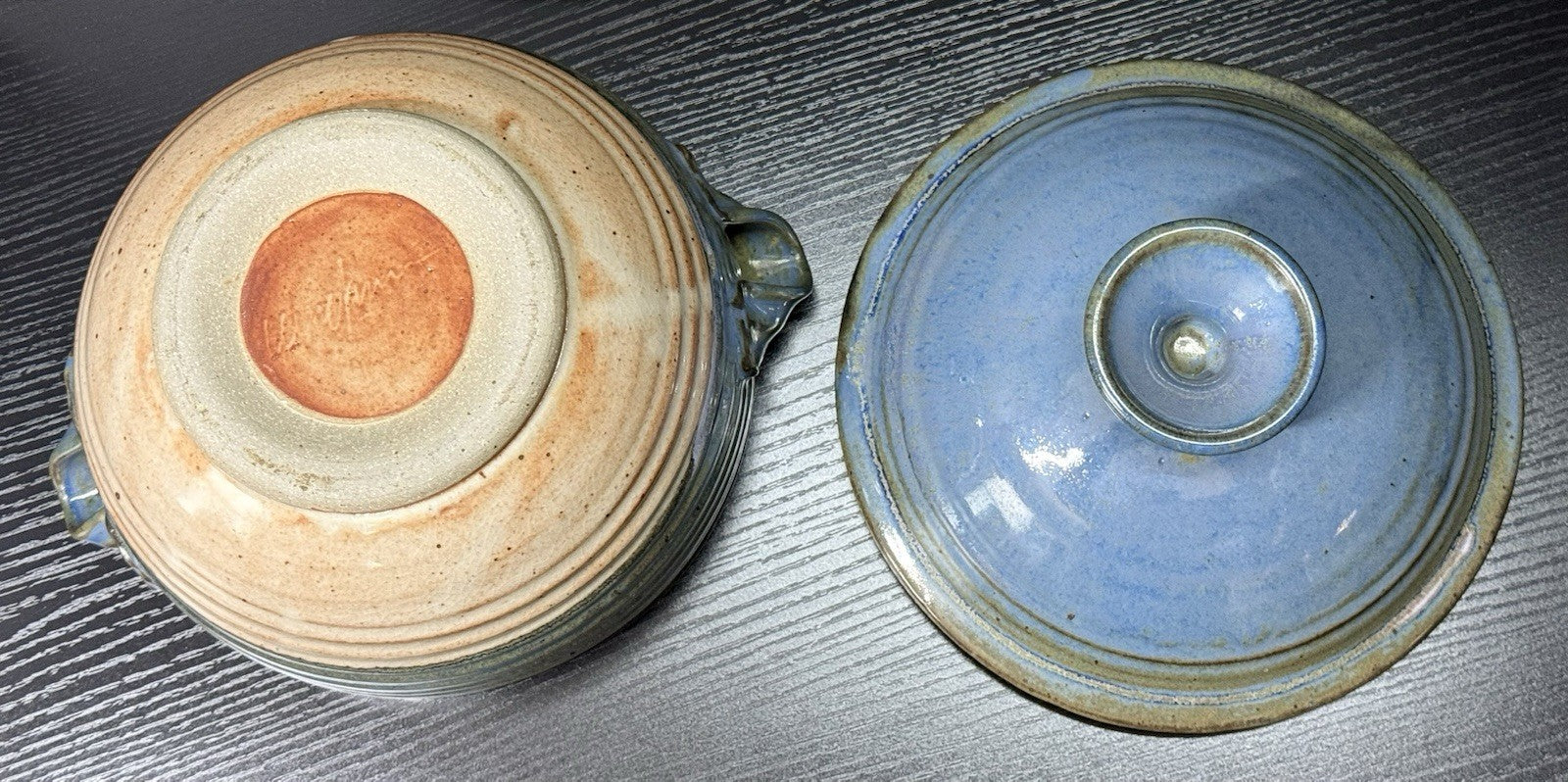 Vintage Earthenware Handmade Stoneware Pottery Lidded Crock Artisan Blue Brown