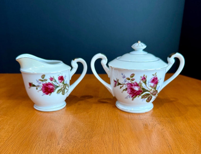 Vintage Fine China Made in Japan Moss Rose Creamer with Sugar Bowl & Lid Set