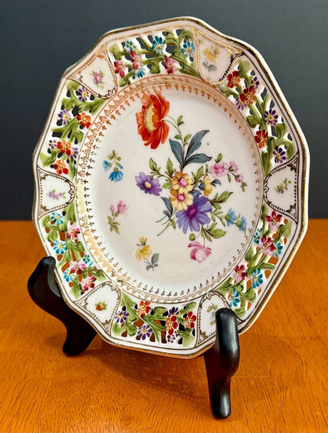Vintage RW Bavaria Porcelain Reticulated Plate Hand-Painted Dresden Floral Design