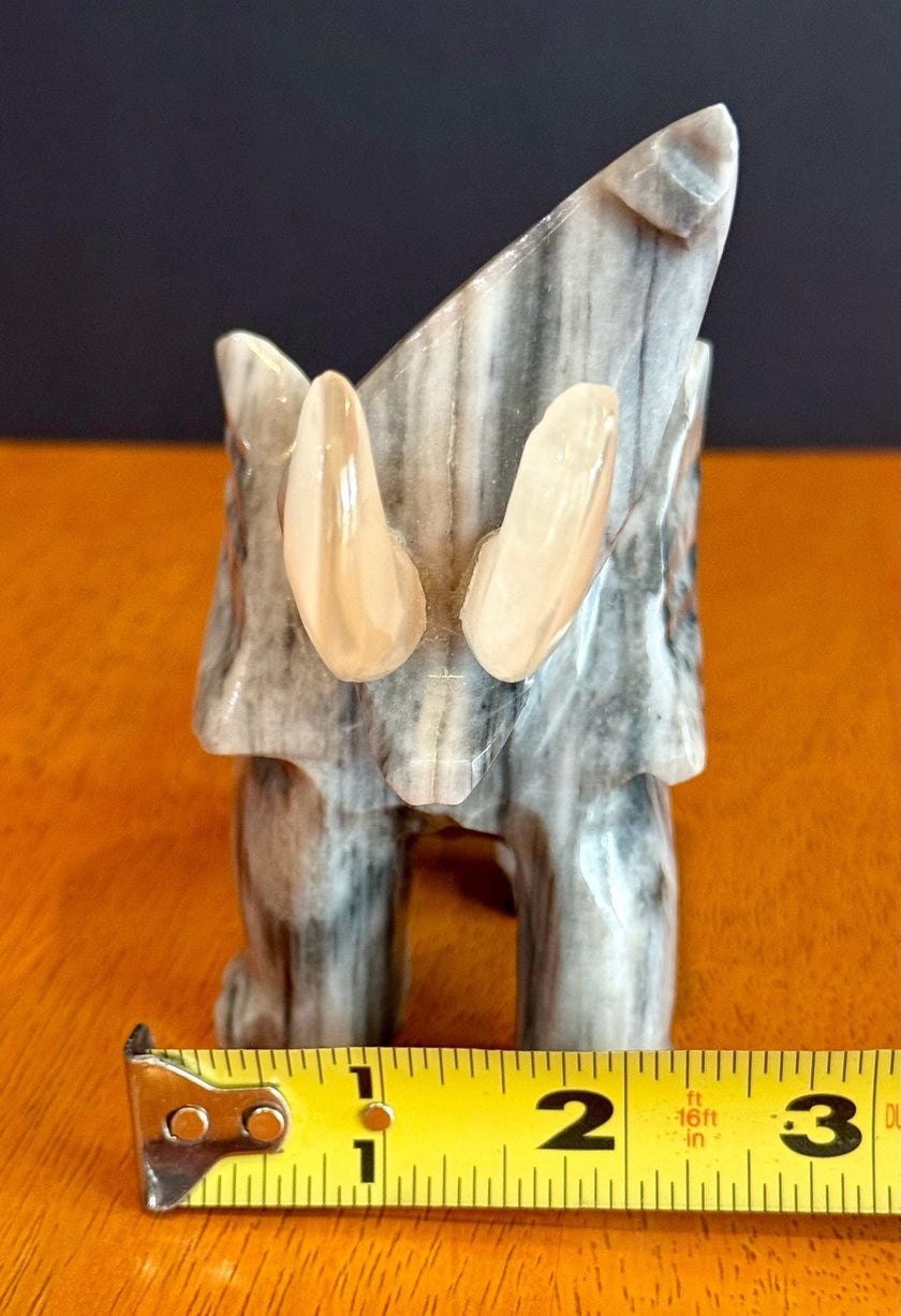 Vintage Hand-Carved Grey Marbled Onyx Elephant Figurine Good Luck Trunk Up