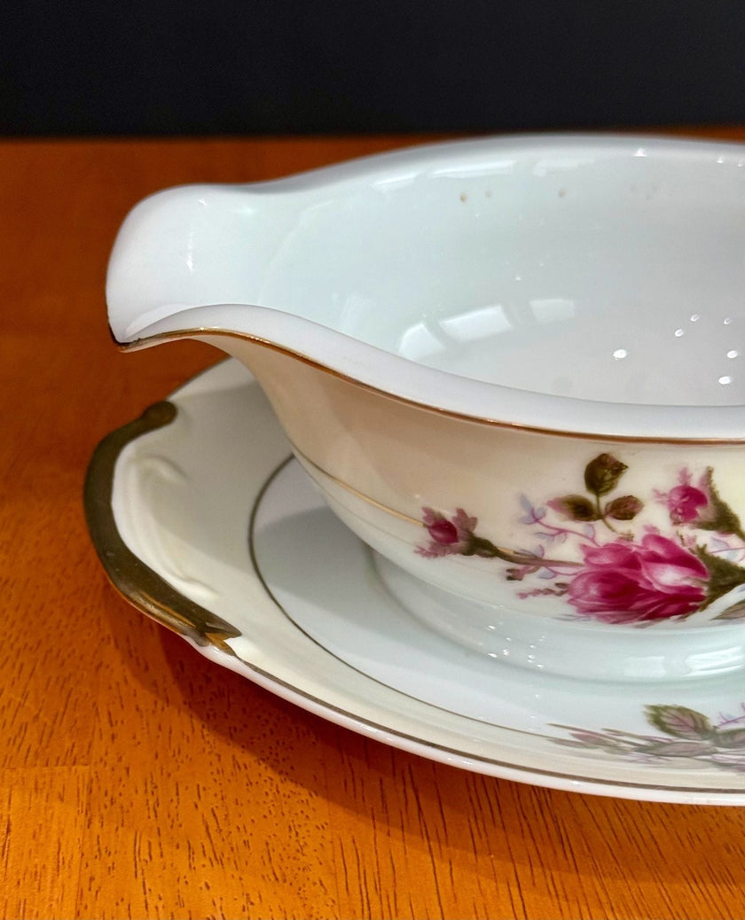 Vintage Made in Japan Moss Rose Gravy Boat with Attached Underplate Red White