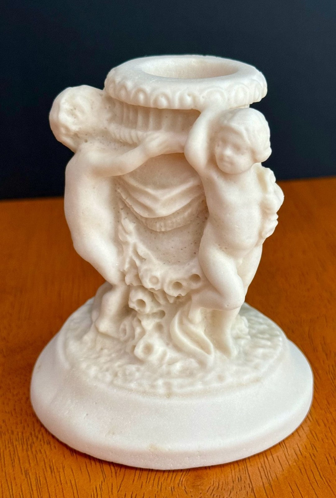 Antique 1900s Salt Dough Figural Cherub White Candlestick Holder