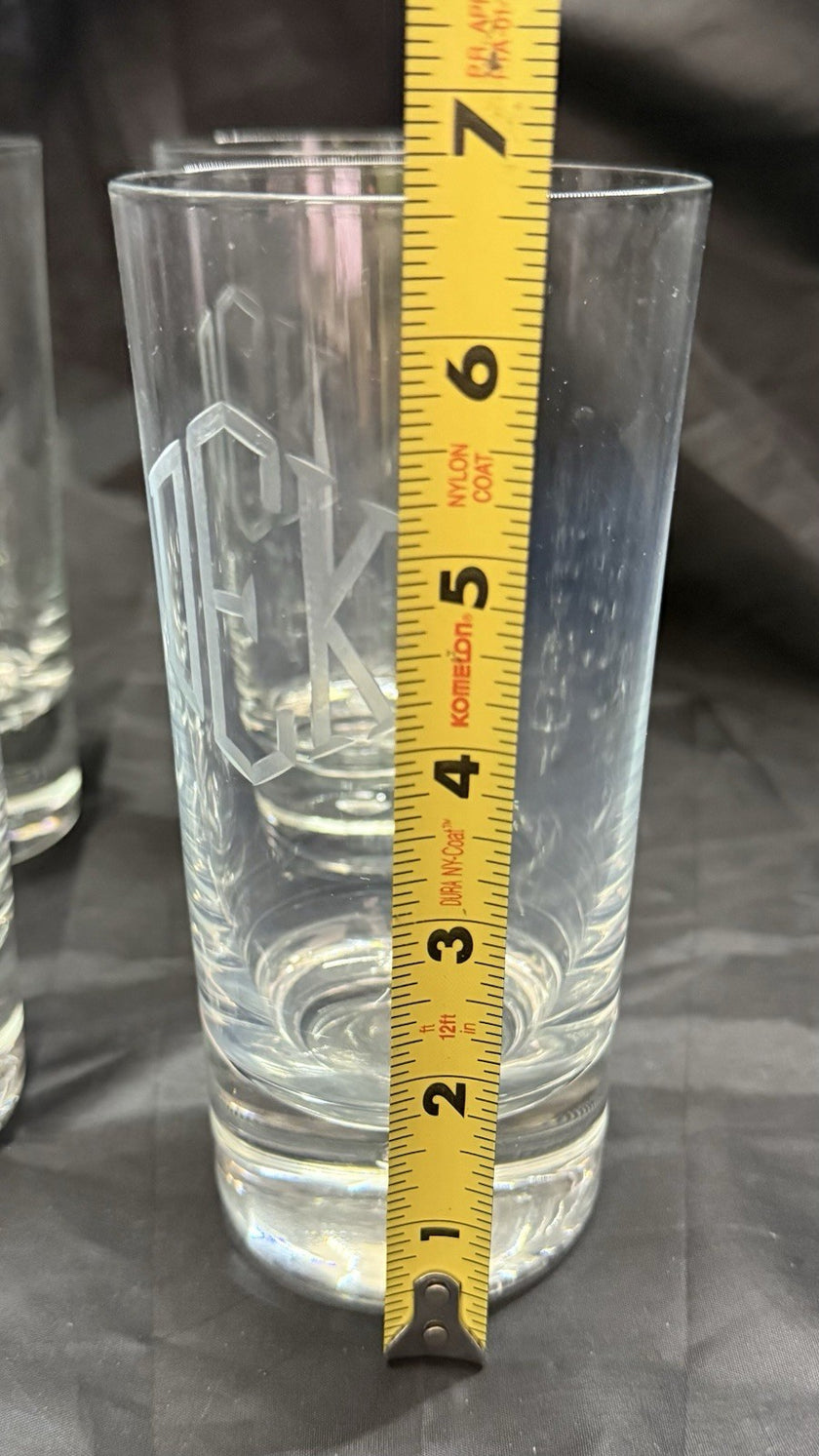 Set Of 8 Heavy Base Controlled Bubble Bottom Highball Glasses 16 oz DEK Engraved