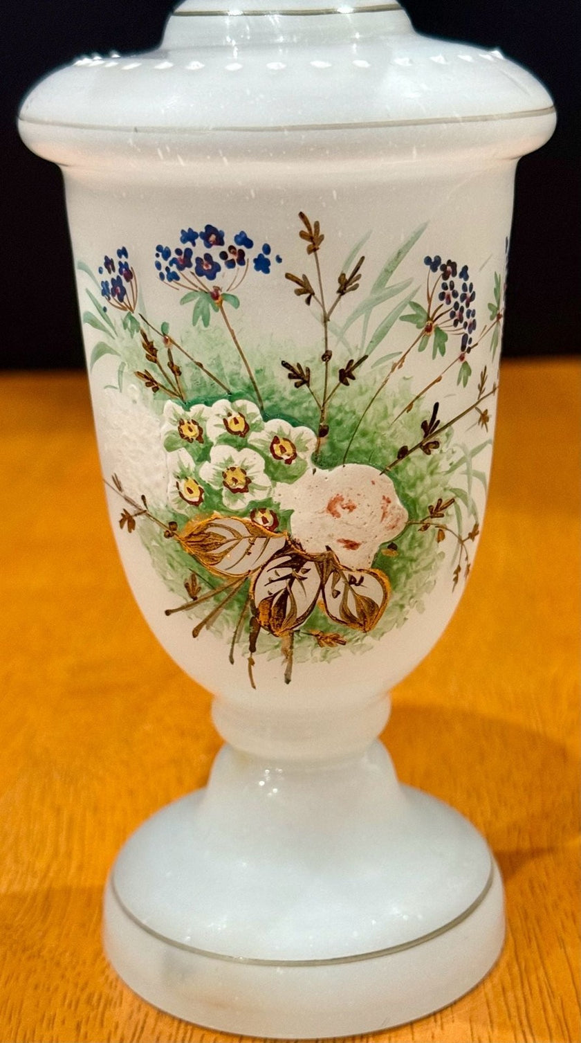 Vintage Victorian Bristol White Opaline Hand-Painted Floral Glass Vase