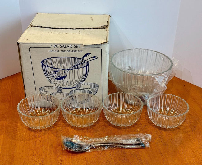 Vintage Godinger Silver 7 Piece Crystal and Silverplate Salad Bowl Set 900/4