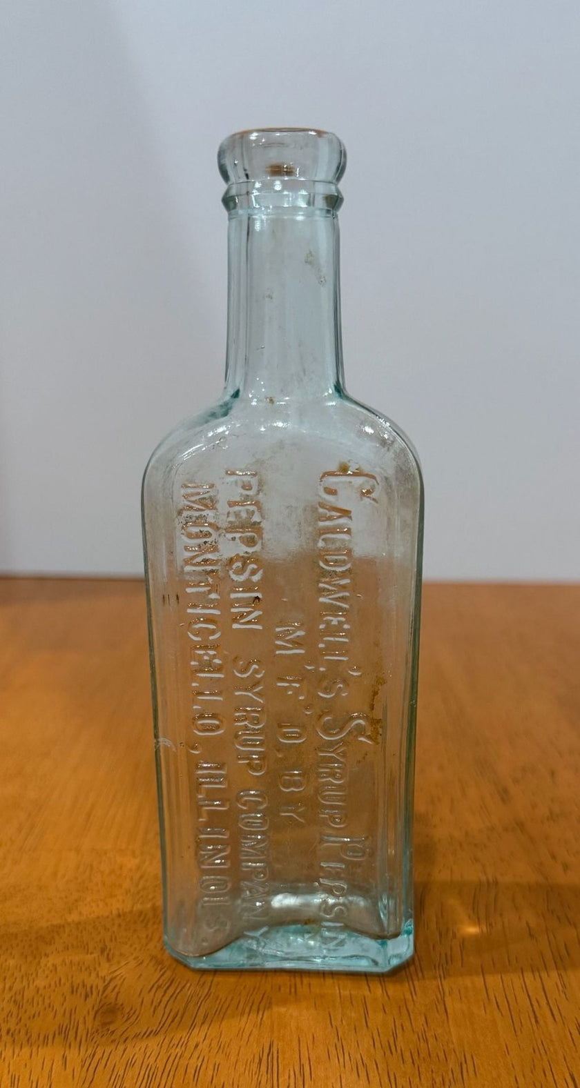 Antique Dr. W.B. Caldwell's Syrup Pepsin Bottle Clear Blue Tint Glass