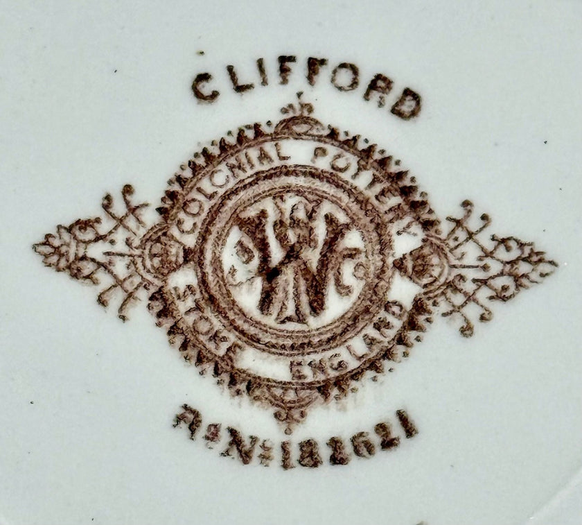 Colonial Pottery Stoke England Clifford Pattern Brown Transferware Soup Bowl