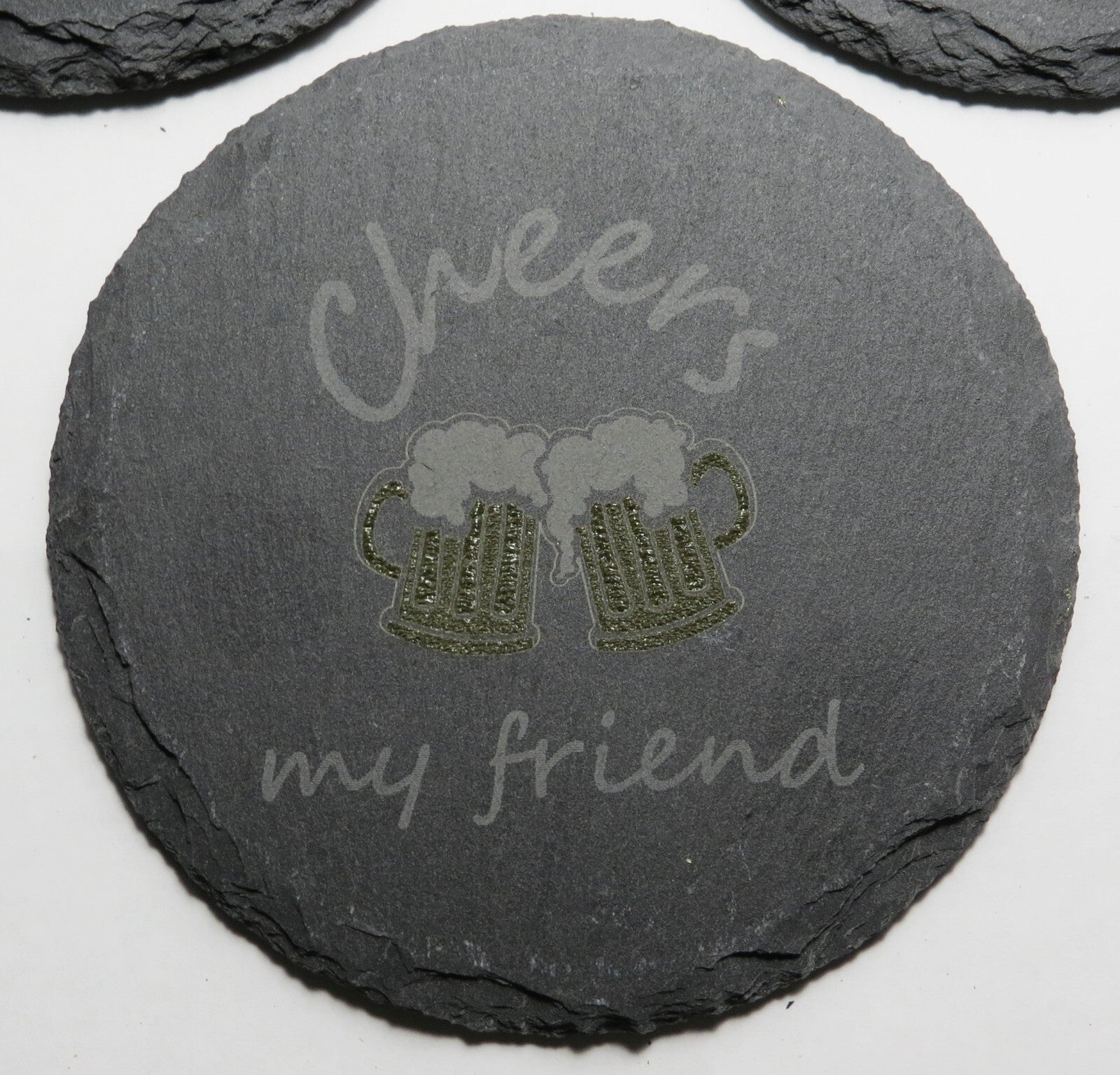 Set of 4 Round Laser Engraved Slate Coasters Cheers My Friend Mugs Multicolor