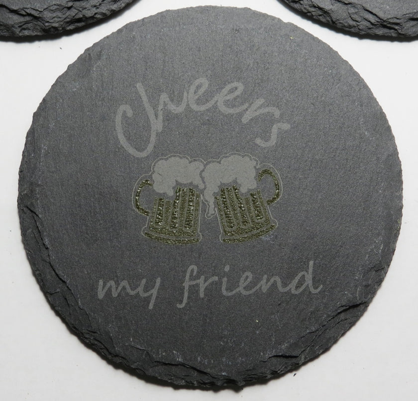 Set of 4 Round Laser Engraved Slate Coasters Cheers My Friend Mugs Multicolor