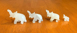 Set of 4 Vintage Hand Carved White Onyx Stone Elephant Figurines Raised Trunk
