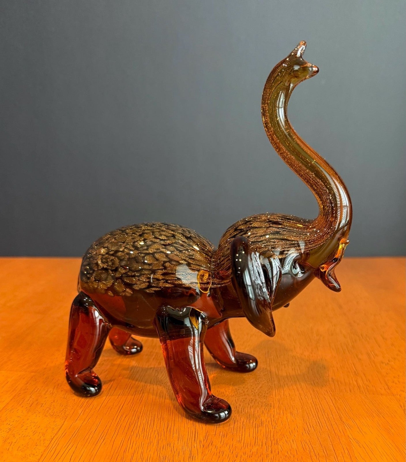 Dynasty Gallery Amber Art Glass Elephant Figurine with Gold Aventurine Flecks