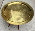 Vintage Mid-Century Brass Engraved Blessing Tray Table with Mahogany Folding Base