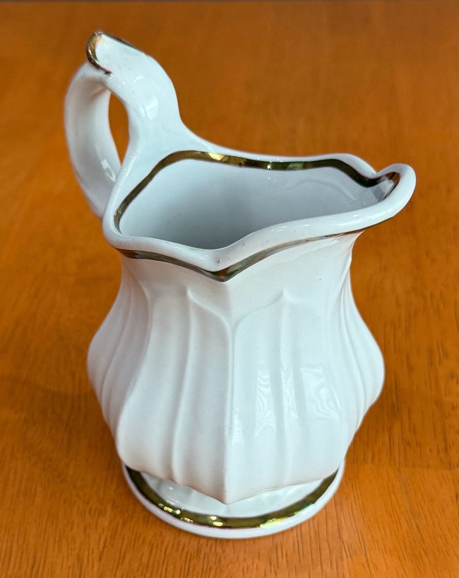 Vintage White Porcelain Creamer Pitcher Gold Gilt Trim Fluted Ribbed Design