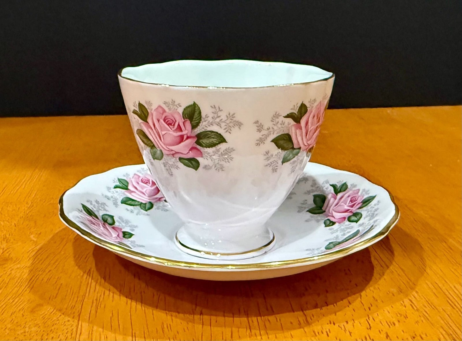Vintage Colclough English Bone China Teacup & Saucer Pink Rose Floral Gold Trim