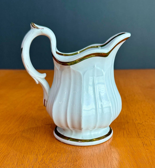 Vintage White Porcelain Creamer Pitcher Gold Gilt Trim Fluted Ribbed Design