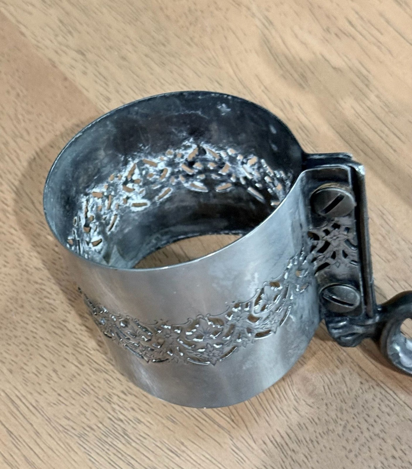 Vintage Silver Plated Filigree Glass Holder or Carafe Collar with Handle