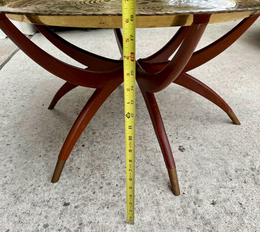 Vintage Mid-Century Brass Engraved Blessing Tray Table with Mahogany Folding Base