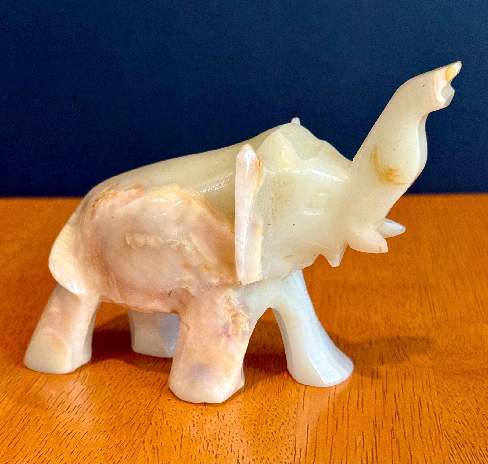 Vintage Hand-Carved Banded White Onyx Elephant Figurine Trunk Up Luck Stone