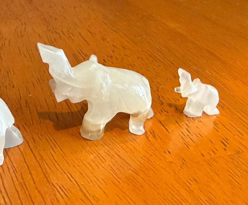 Set of 4 Vintage Hand Carved White Onyx Stone Elephant Figurines Raised Trunk