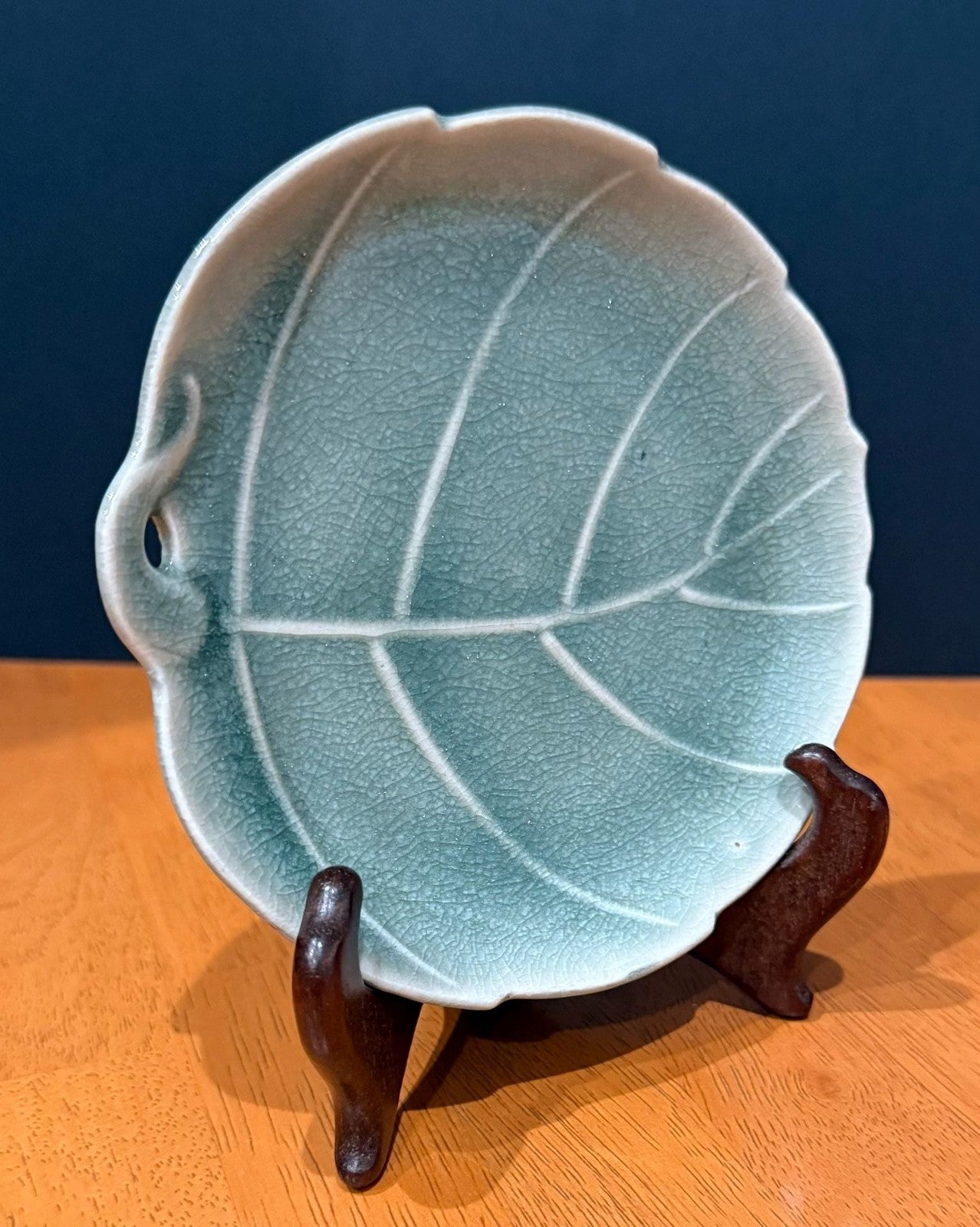Vintage Japanese Celadon Crackle Glaze Bodhi Leaf Trinket Dish 5.5”