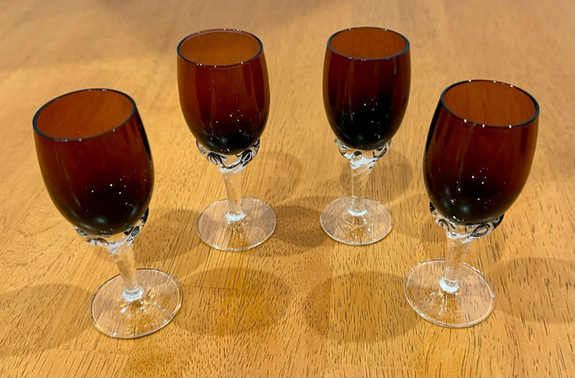 Set of 4 Vintage Mid-Century Amethyst Ruby Glass Liqueur Cordials Twisted Stems