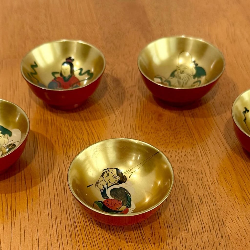 Vintage Japanese Seven Lucky Gods Lacquerware Sake Cup Set of 5