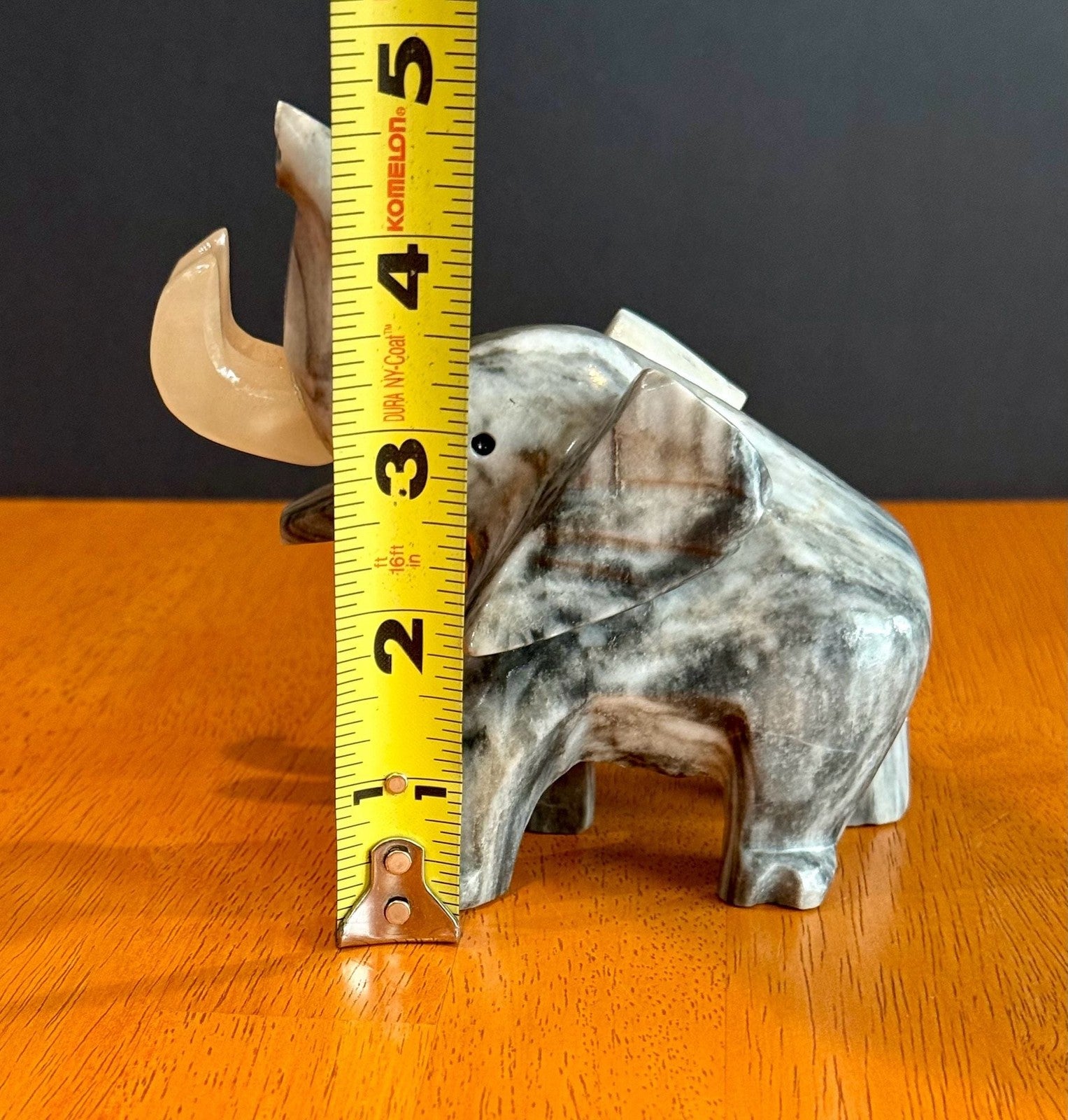 Vintage Hand-Carved Grey Marbled Onyx Elephant Figurine Good Luck Trunk Up