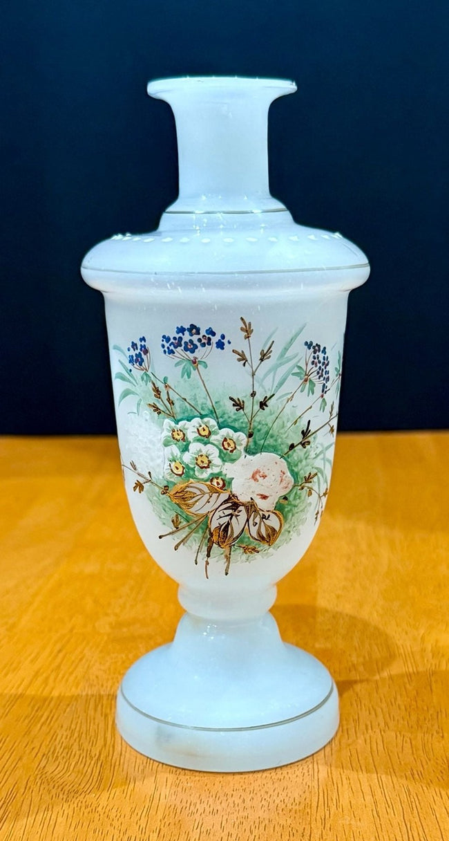 Vintage Victorian Bristol White Opaline Hand-Painted Floral Glass Vase
