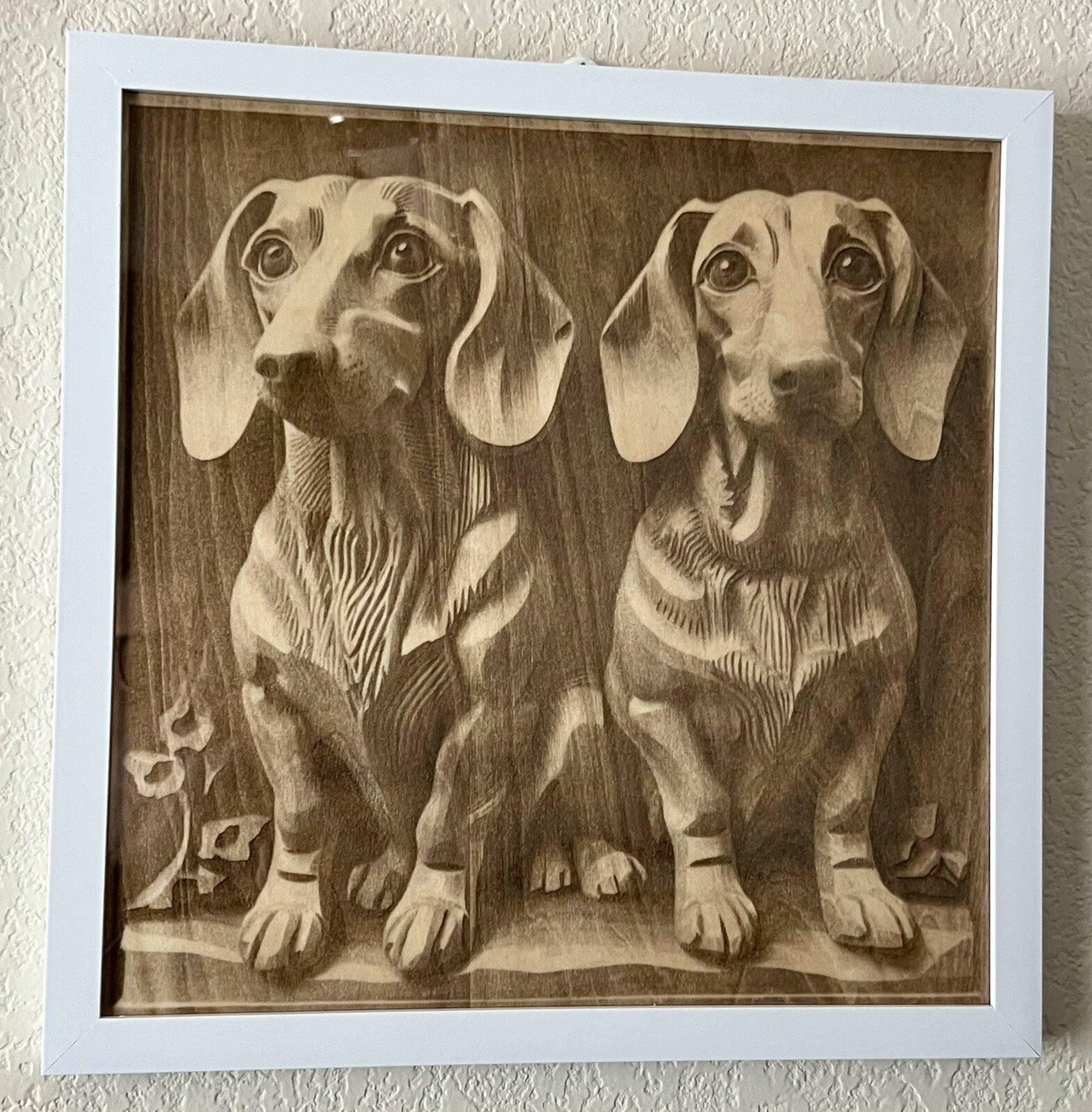 11  X 11 Engraved Art Panel Dachshund Brothers Framed Basswood Engraving