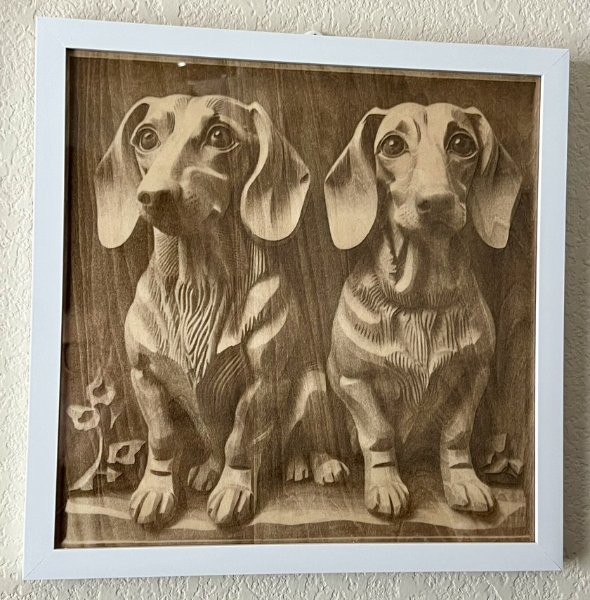 11  X 11 Engraved Art Panel Dachshund Brothers Framed Basswood Engraving